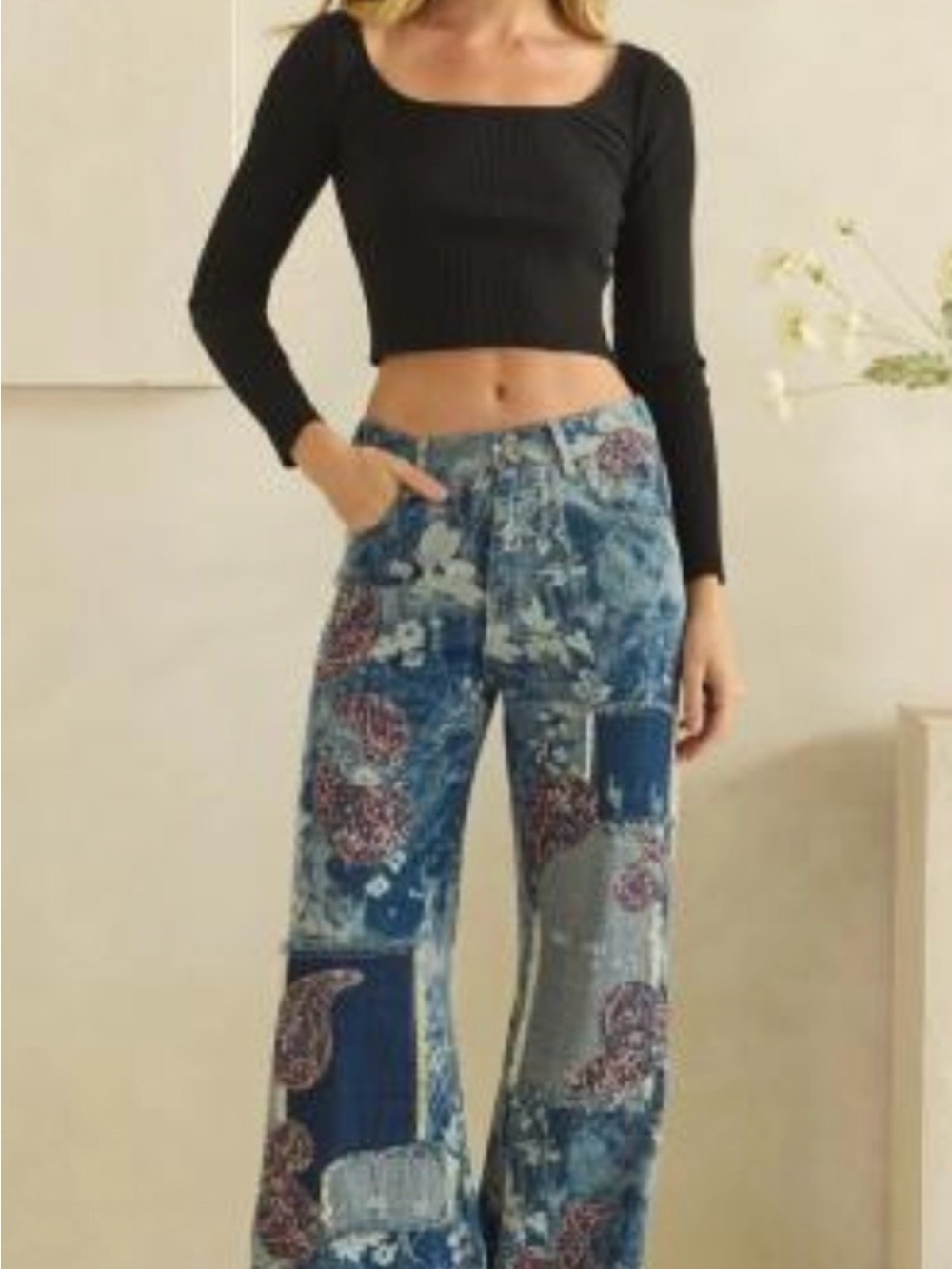 Oli & Hali Washed Paisley Wide Leg Patchwork Floral Jeans - Blue - Picture 2 of 4